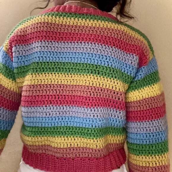 Crochet handmade pastel rainbow round neck long sleeve acrylic sweater size XS/S - Picture 7 of 7